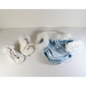 Build a Bear Ice Skating Outfit Blue Velvet & White Fur Leotard & Skates Costume